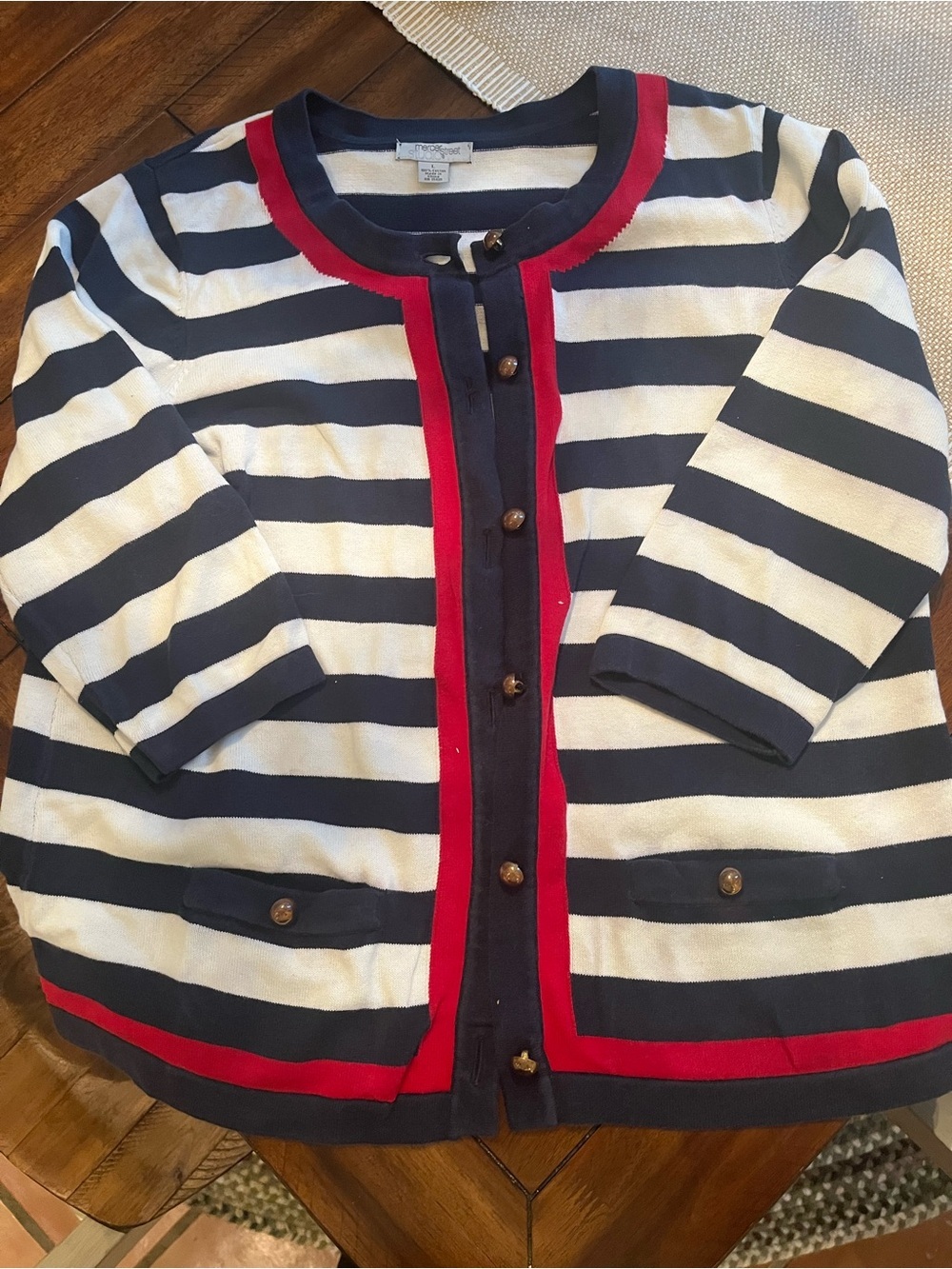 Mercer Street Studio Navy, White & Red Striped Cardigan L